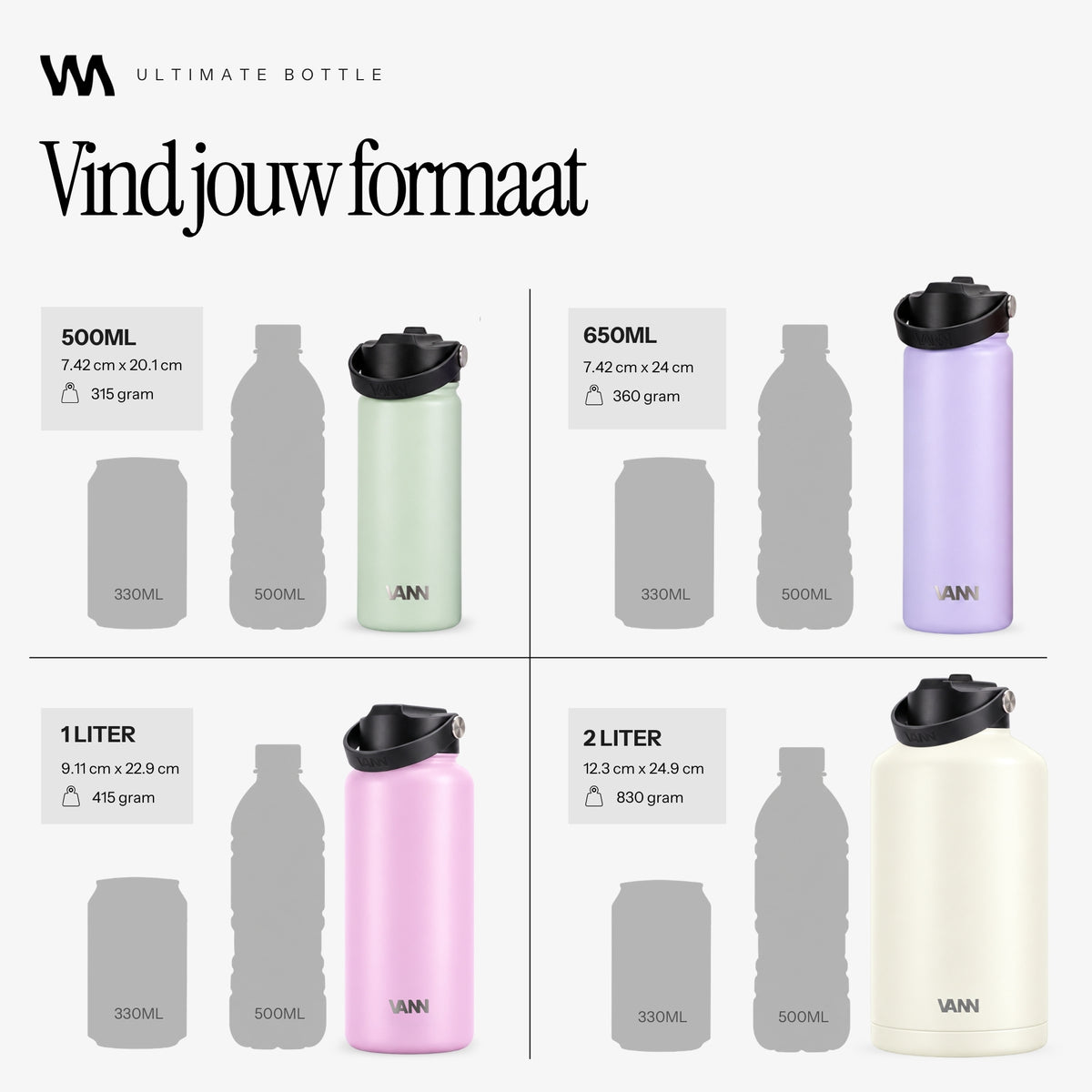 VANN Ultimate Bottle rvs drinkfles in 500 ml, 650 ml, 1 liter en 2 liter met afmetingen en gewicht