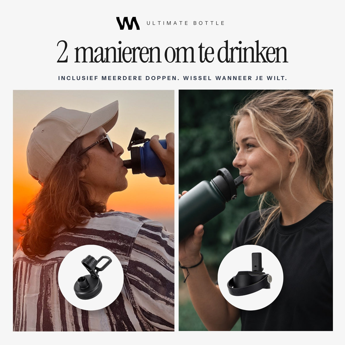 VANN Ultimate Bottle rvs drinkfles met rietjesdop en tuitdop, twee manieren om te drinken