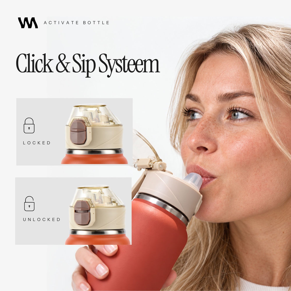 VANN Activate Bottle met Click & Sip rietjesdop en slot, locked en unlocked